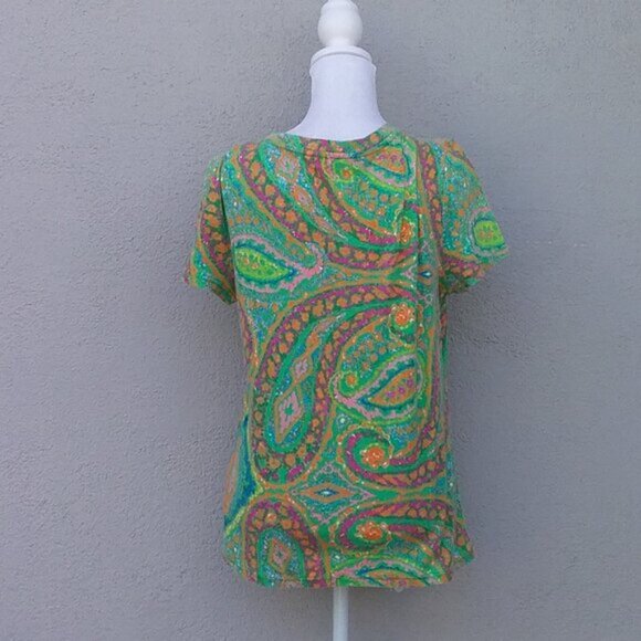 Vintage Lauren by Ralph Lauren Women's Green Paisley Tee Preppy Size L Cotton - Picture 4 of 5